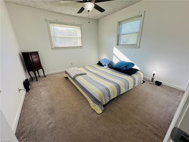 bedroom featuring multiple windows, a textured ceiling, baseboards, and carpet floors