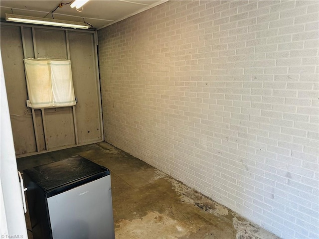 basement with brick wall