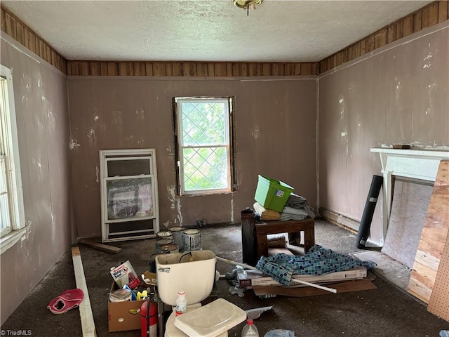 miscellaneous room featuring wooden walls and a textured ceiling