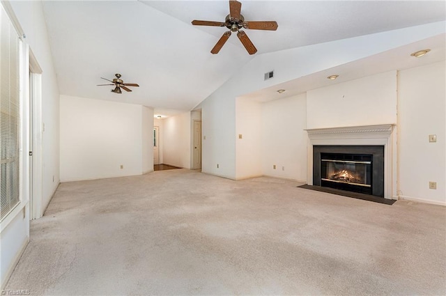 1305 Glen Raven Ct, Greensboro, NC 27410 - unfurnished living room featuring ceiling fan, vaulted ceiling, and carpet floors