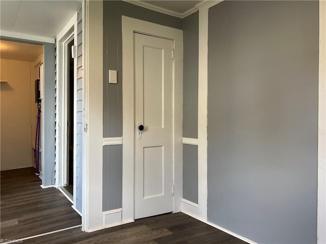 corridor featuring dark wood finished floors and crown molding
