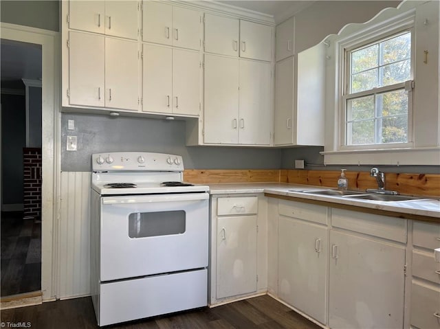 kitchen featuring sink, dark hardwood / wood-style flooring, white cabinetry, white electric range, and ornamental molding