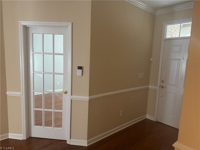 401 Pelican Ln, Clemmons, NC 27012 - doorway to outside with ornamental molding, baseboards, and dark wood-style flooring