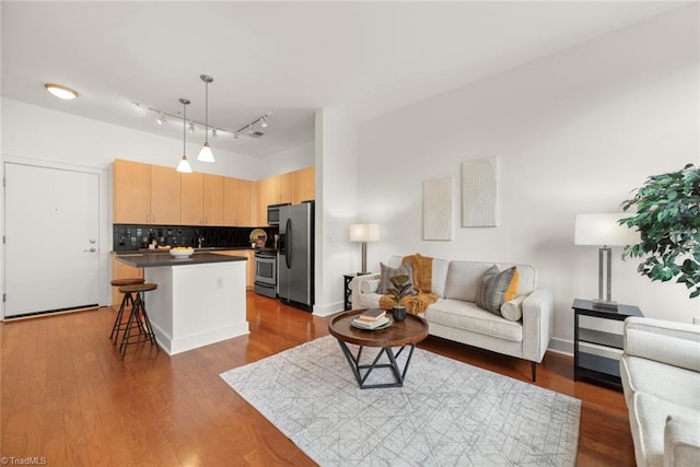 living room with dark hardwood / wood-style floors and rail lighting