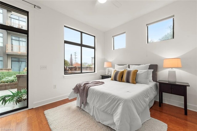 bedroom featuring multiple windows, hardwood / wood-style floors, and ceiling fan