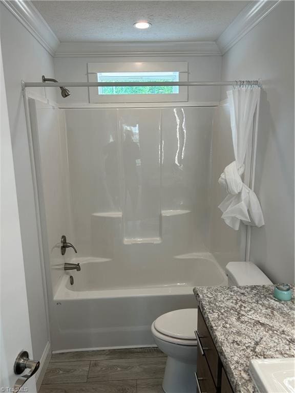 full bathroom with wood-type flooring, vanity, toilet, and shower / bathtub combination with curtain