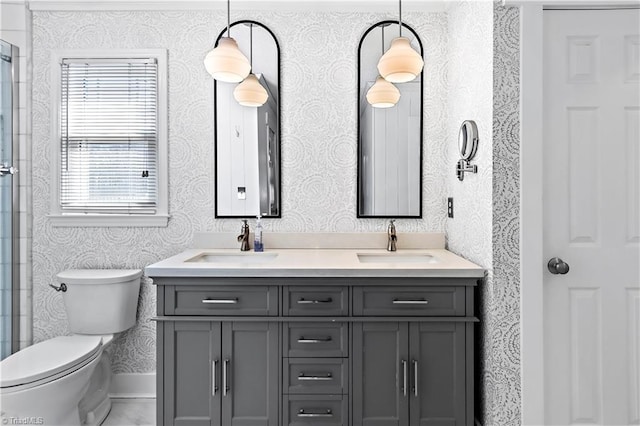 bathroom featuring walk in shower, vanity, and toilet