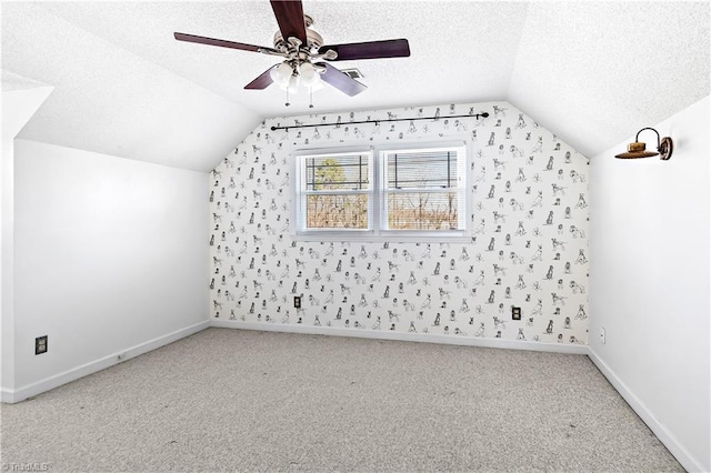 additional living space with a textured ceiling, carpet floors, lofted ceiling, and baseboards