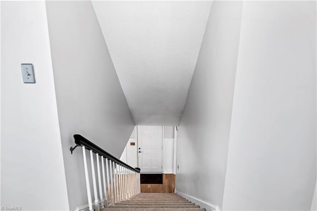 stairway with baseboards and wood finished floors