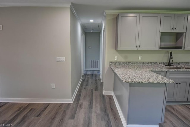 714 Martin St, Greensboro, NC 27406 - kitchen with gray cabinets, dark wood-style flooring, visible vents, a sink, and ornamental molding