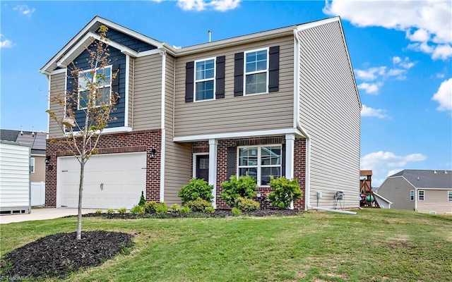 view of front of house with a garage, concrete driveway, a front yard, and brick siding