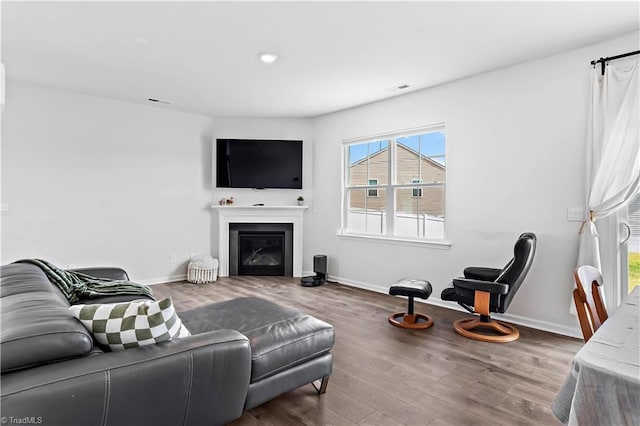 living room featuring baseboards, visible vents, a glass covered fireplace, and wood finished floors