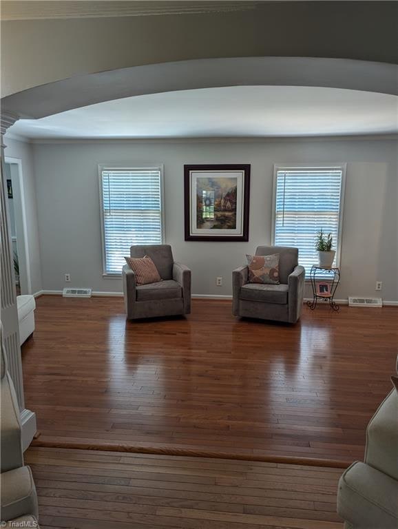 living room with dark wood-type flooring and a healthy amount of sunlight