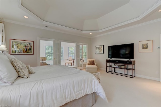 10 Sunfish Pt, Greensboro, NC 27455 - bedroom featuring a tray ceiling, baseboards, carpet, crown molding, and recessed lighting