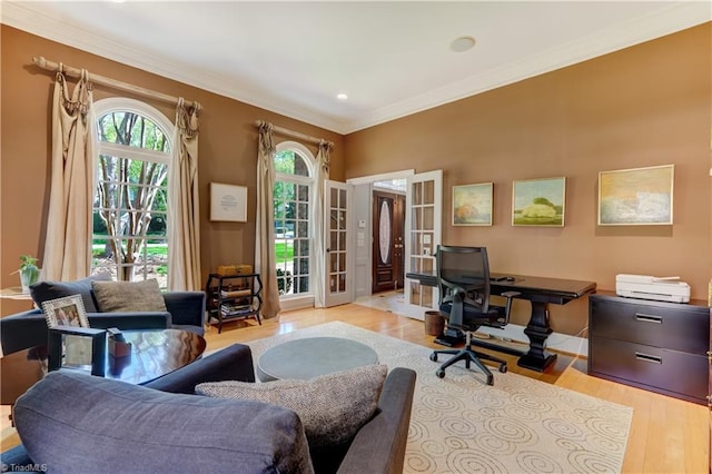 10 Sunfish Pt, Greensboro, NC 27455 - office with crown molding, french doors, light wood-type flooring, recessed lighting, and baseboards