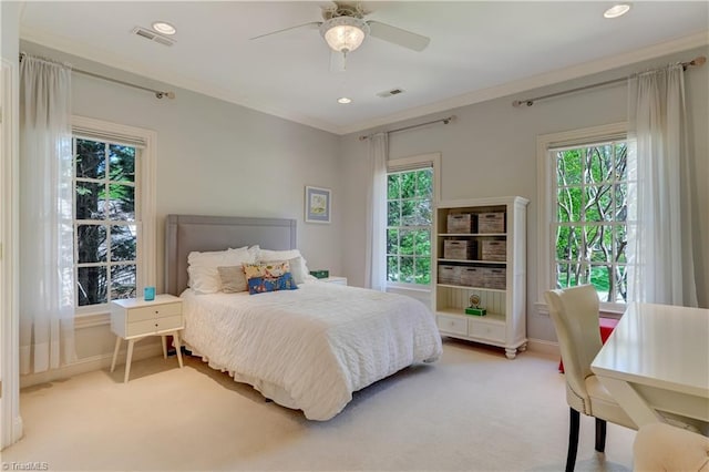 10 Sunfish Pt, Greensboro, NC 27455 - bedroom with light colored carpet, ornamental molding, baseboards, a ceiling fan, and recessed lighting