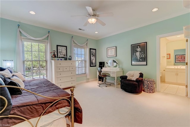 10 Sunfish Pt, Greensboro, NC 27455 - bedroom featuring carpet floors, connected bathroom, crown molding, recessed lighting, and baseboards
