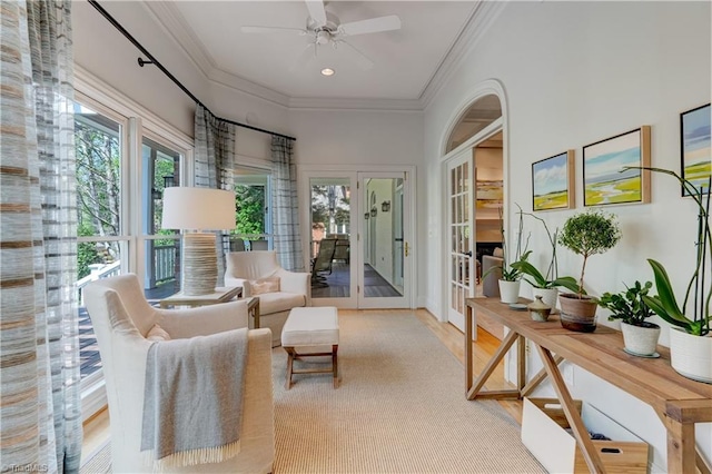 10 Sunfish Pt, Greensboro, NC 27455 - living area with a ceiling fan, crown molding, and french doors