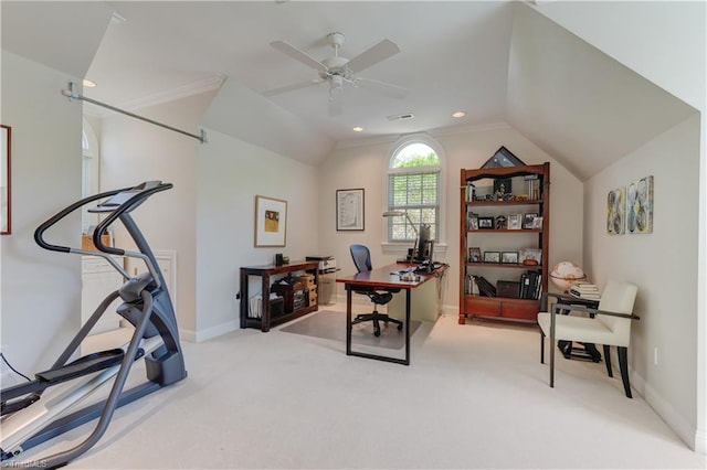 10 Sunfish Pt, Greensboro, NC 27455 - carpeted office space featuring a ceiling fan, lofted ceiling, baseboards, and recessed lighting