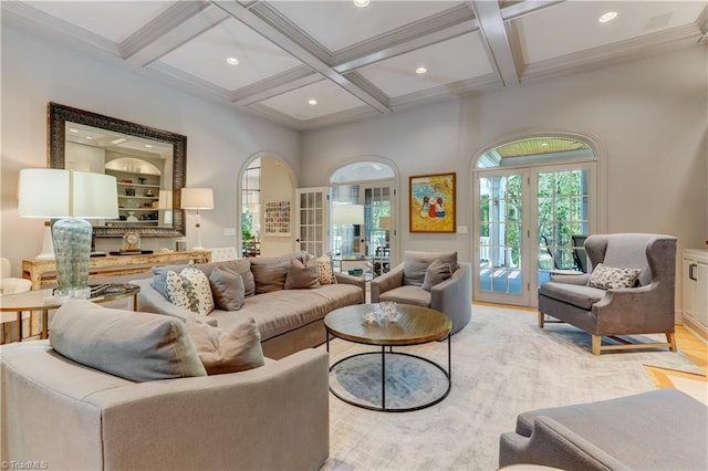 10 Sunfish Pt, Greensboro, NC 27455 - living area featuring coffered ceiling, beamed ceiling, recessed lighting, and ornamental molding