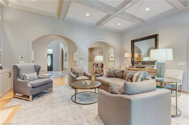 10 Sunfish Pt, Greensboro, NC 27455 - living room featuring arched walkways, coffered ceiling, beamed ceiling, light wood-style flooring, and crown molding