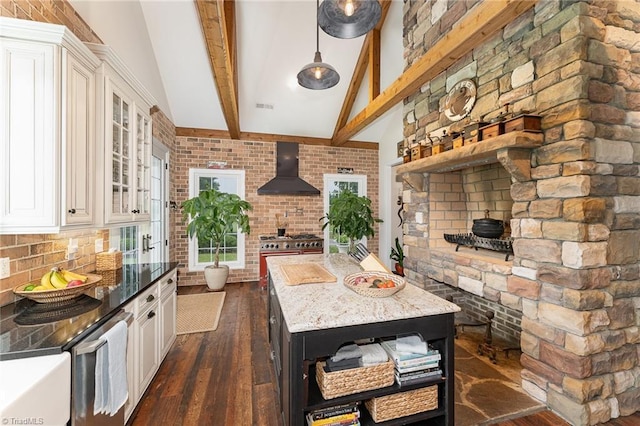 2733 Nebo Rd, East Bend, NC 27018 - kitchen with wall chimney exhaust hood, open shelves, dark wood-style flooring, white cabinetry, and glass insert cabinets