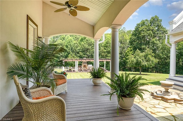 2733 Nebo Rd, East Bend, NC 27018 - view of patio with a ceiling fan and view of wooded area