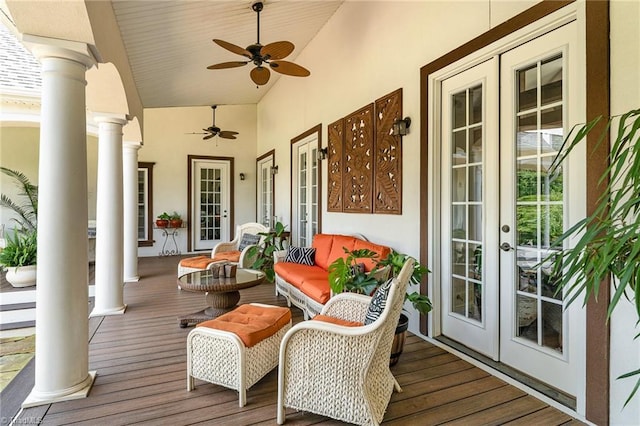 2733 Nebo Rd, East Bend, NC 27018 - wooden deck featuring french doors and a ceiling fan