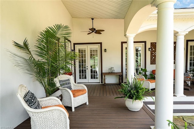 2733 Nebo Rd, East Bend, NC 27018 - wooden deck featuring french doors and a ceiling fan