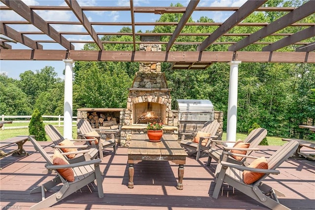 2733 Nebo Rd, East Bend, NC 27018 - view of patio featuring an outdoor stone fireplace, a pergola, area for grilling, and a deck