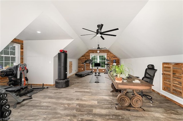 2733 Nebo Rd, East Bend, NC 27018 - exercise room featuring wood finished floors, ceiling fan, and lofted ceiling