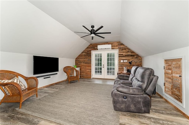 2733 Nebo Rd, East Bend, NC 27018 - living area with wood finished floors, lofted ceiling, wooden walls, and ceiling fan