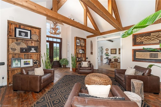 2733 Nebo Rd, East Bend, NC 27018 - living room with high vaulted ceiling, french doors, beam ceiling, and wood finished floors