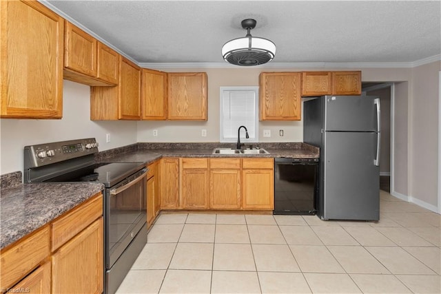 kitchen with appliances with stainless steel finishes, light tile patterned floors, ornamental molding, and sink