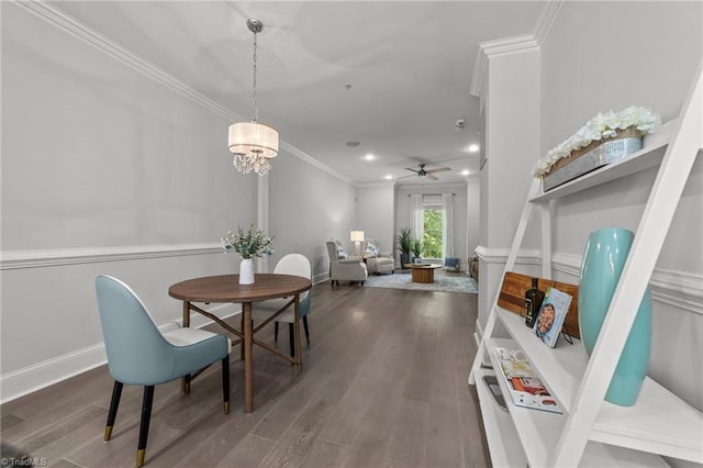 606 Bellemeade St, Greensboro, NC 27401 - dining room featuring wood finished floors, a ceiling fan, recessed lighting, ornamental molding, and a chandelier