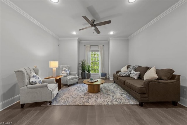 606 Bellemeade St, Greensboro, NC 27401 - living area featuring recessed lighting, ornamental molding, wood finished floors, and a ceiling fan