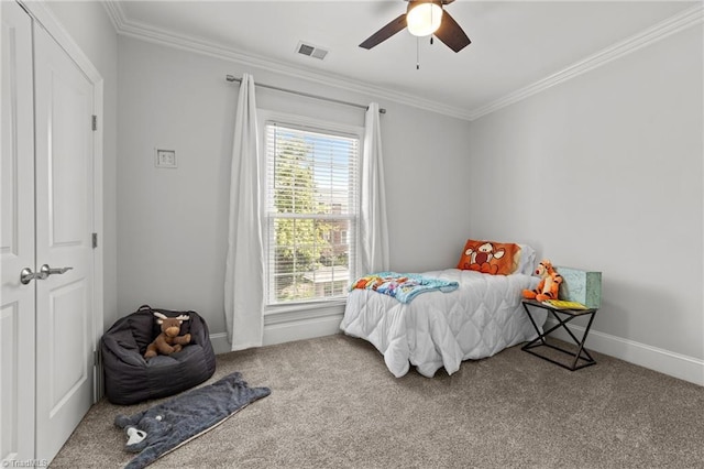 606 Bellemeade St, Greensboro, NC 27401 - bedroom with ornamental molding, carpet floors, and ceiling fan