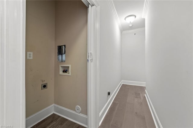 606 Bellemeade St, Greensboro, NC 27401 - washroom featuring hookup for an electric dryer, ornamental molding, dark wood-style flooring, washer hookup, and gas dryer hookup