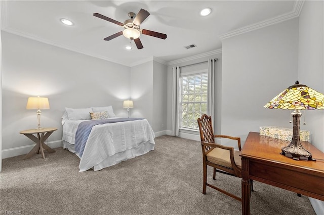 606 Bellemeade St, Greensboro, NC 27401 - bedroom featuring carpet flooring, a desk, recessed lighting, crown molding, and ceiling fan