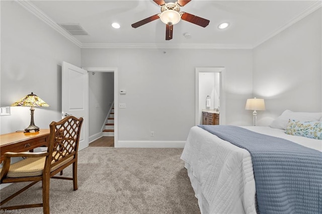 606 Bellemeade St, Greensboro, NC 27401 - bedroom with carpet flooring, ornamental molding, recessed lighting, a ceiling fan, and ensuite bath