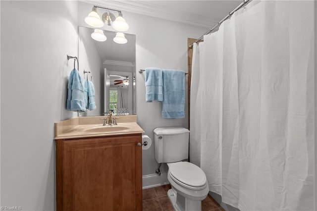 606 Bellemeade St, Greensboro, NC 27401 - bathroom featuring vanity, ornamental molding, tile patterned flooring, and curtained shower