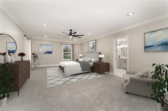 carpeted bedroom featuring ensuite bathroom, ceiling fan, and ornamental molding