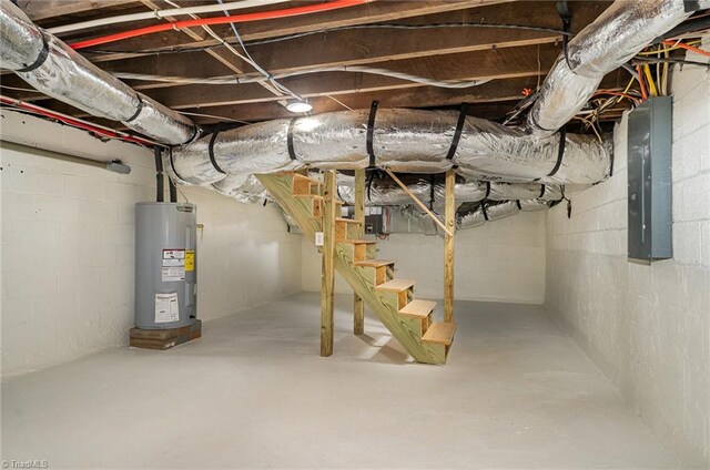 basement with electric water heater and electric panel