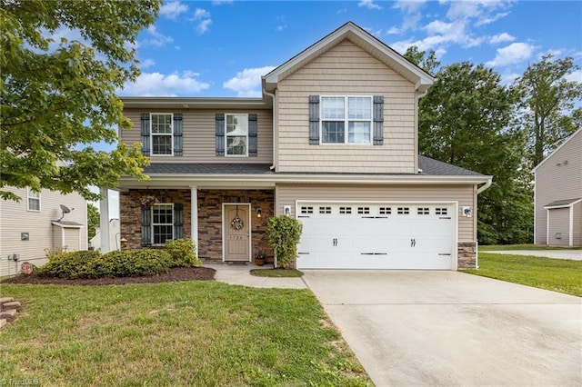 1720 Timber Cove Ct, Winston-Salem, NC 27127 - traditional-style house with an attached garage, driveway, a front lawn, and stone siding