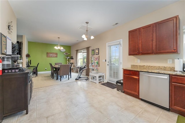 1720 Timber Cove Ct, Winston-Salem, NC 27127 - kitchen featuring visible vents, dishwasher, hanging light fixtures, and an inviting chandelier