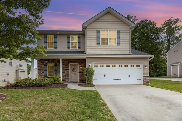 1720 Timber Cove Ct, Winston-Salem, NC 27127 - traditional-style home featuring driveway, a front lawn, stone siding, and a garage