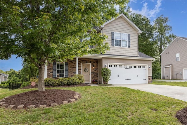 1720 Timber Cove Ct, Winston-Salem, NC 27127 - traditional home featuring a front yard, a garage, fence, concrete driveway, and stone siding
