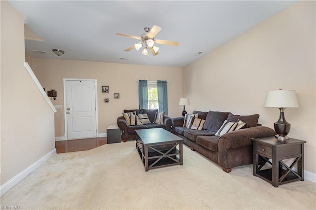1720 Timber Cove Ct, Winston-Salem, NC 27127 - living room with baseboards, carpet, a ceiling fan, and visible vents