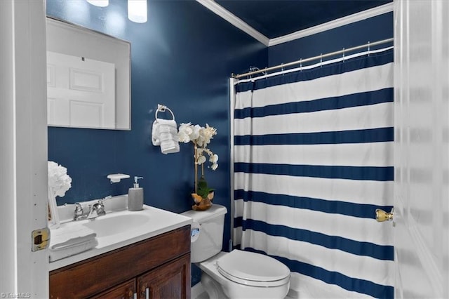 bathroom with curtained shower, toilet, vanity, and ornamental molding