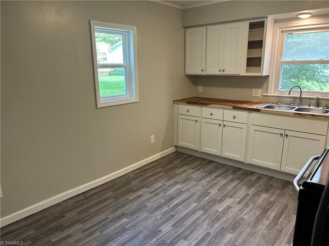 kitchen with stainless steel range with electric stovetop, butcher block countertops, sink, dark wood-type flooring, and ornamental molding